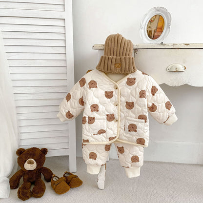 New Winter Baby Unisex Cute Little Bear Head Thick Warm Long Sleeve Top Combo Pant Two Pieces Sets (Hat not included)