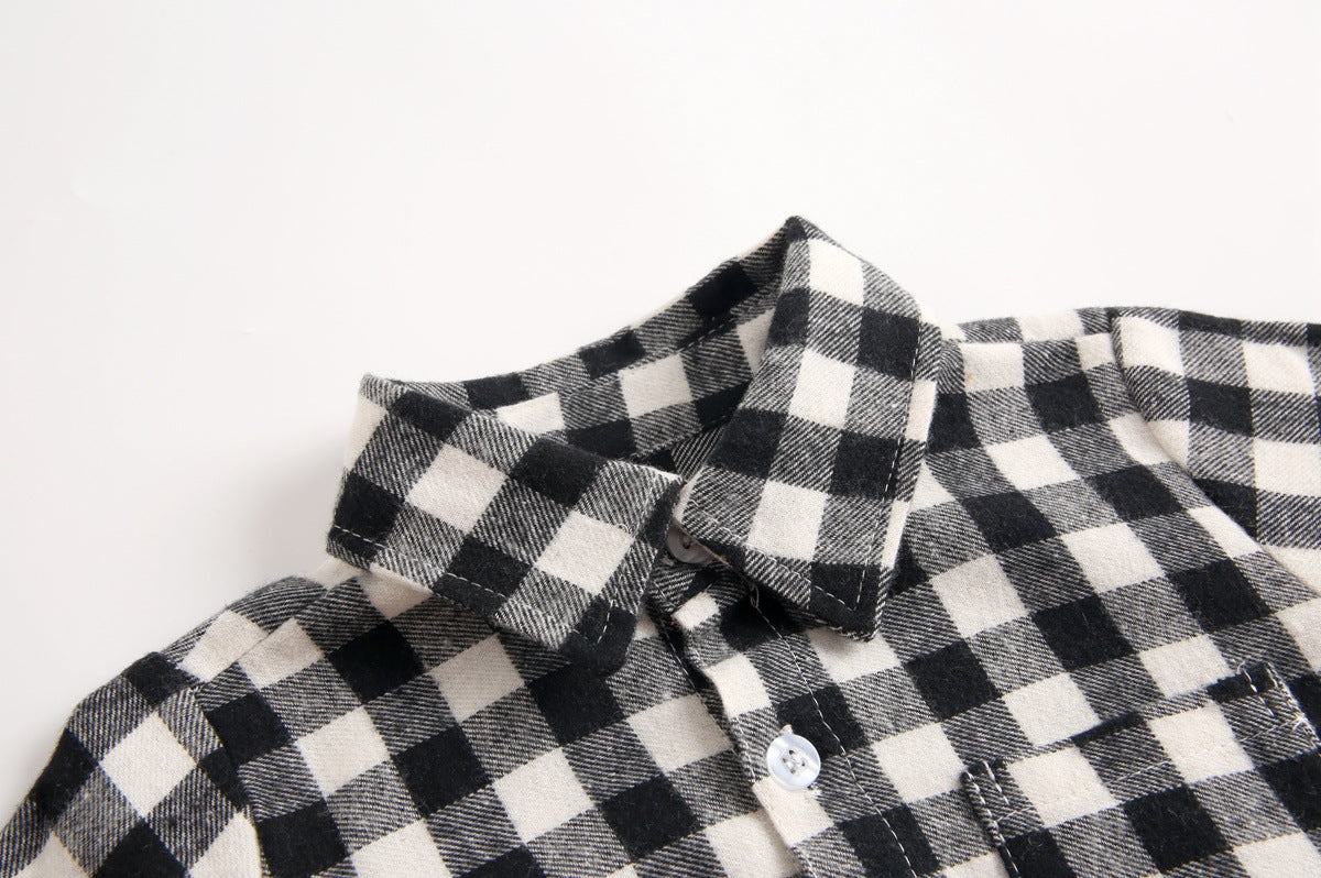 Baby Boy Plaid Pattern Buttoned Shirt With Pockets Long Sleeve Onesies In Autumn