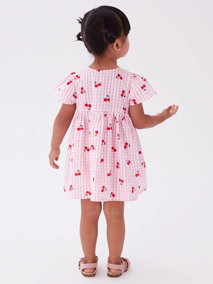 Baby Girls Crew Neck Plaid Cherry Print Short Sleeves Dress