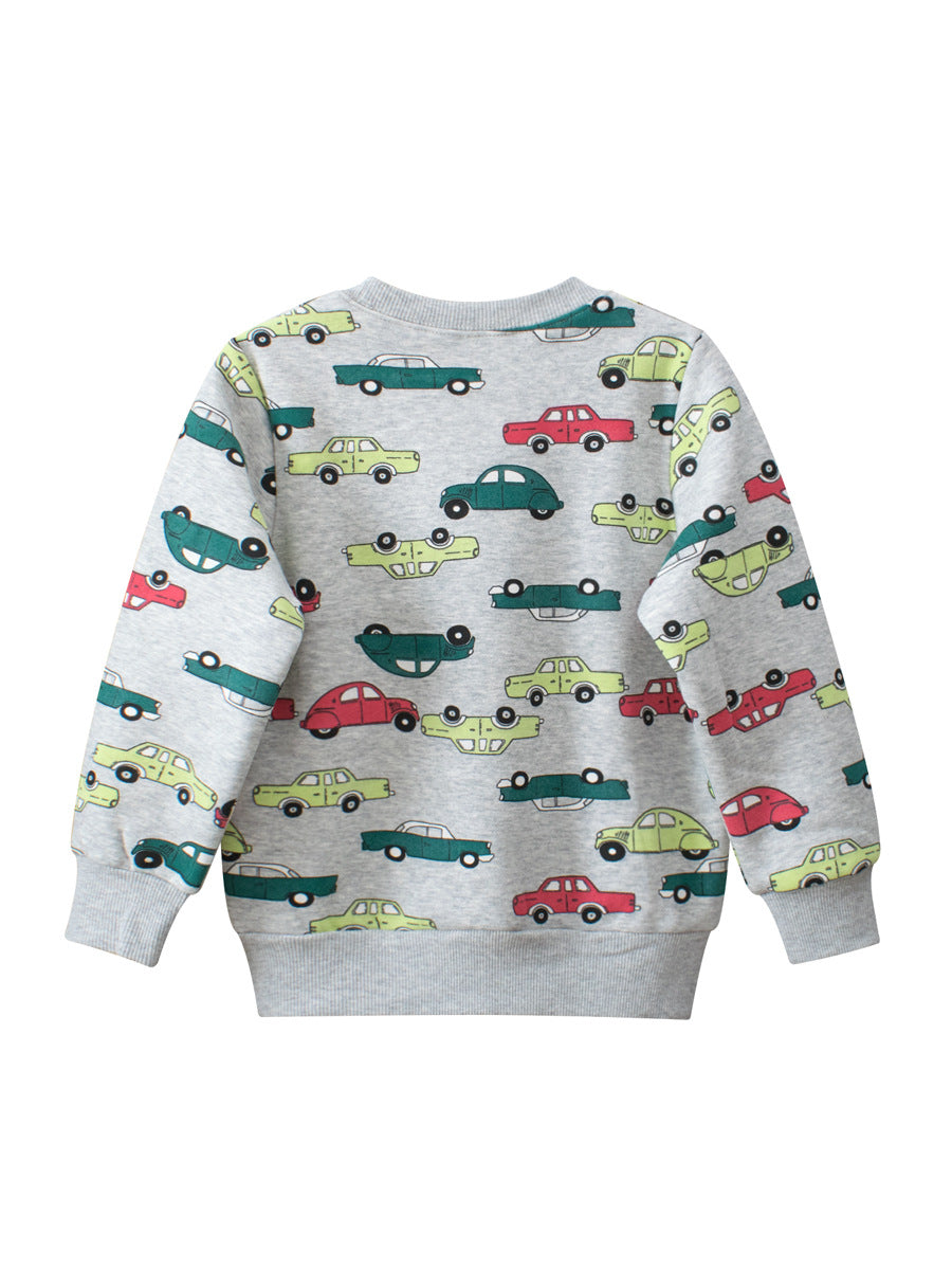 Baby Boys Automobile Cars Cartoon Crew Neck Long Sleeve Grey Pullover