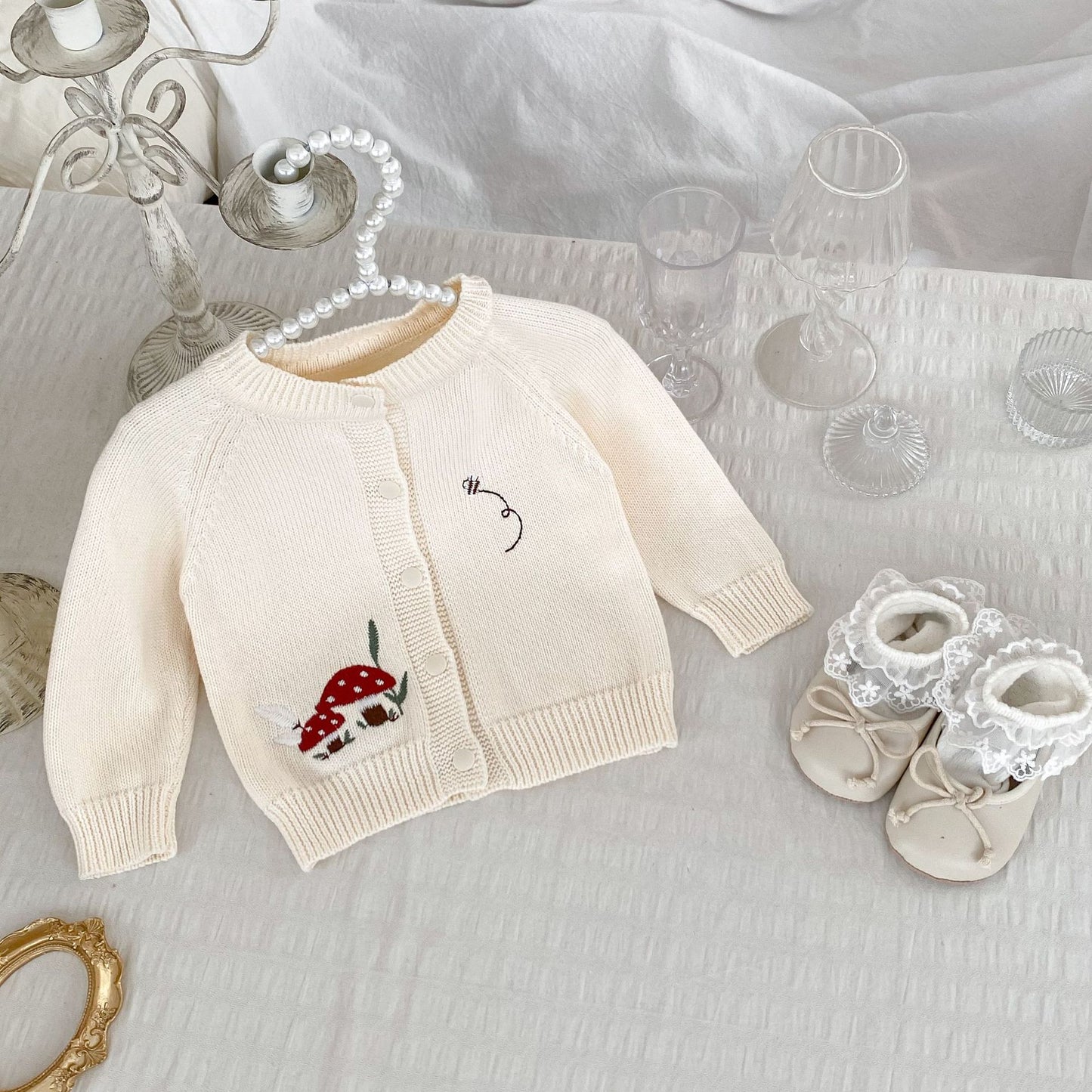 Autumn New Arrival Baby Kids Unisex Comfortable Mushrooms Embroiedery Pattern Knitted Long Sleeves Cardigan