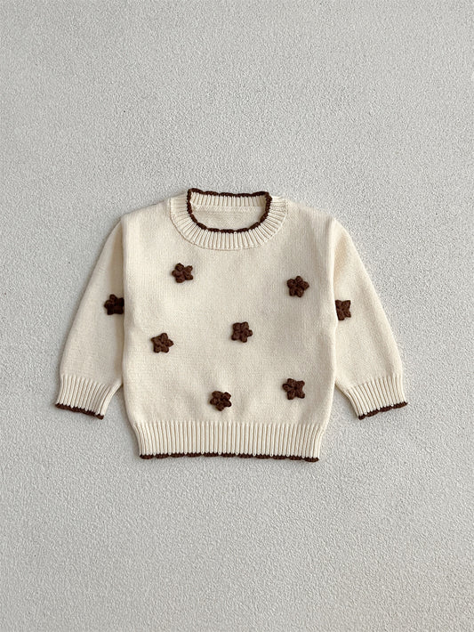 Autumn New Arrival Baby Kids Girls Comfortable Knitted Long Sleeves Pullover with 3D Flowers Embroidery Pattern