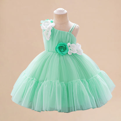 Summer Baby Kids Girls Princess Sleeveless 3D Flowers Birthday Tulle Dress