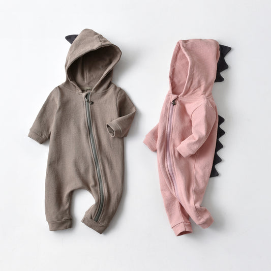 Baby Boy Solid Dinosaur Pattern Zip Design Hoodie Jumpsuit