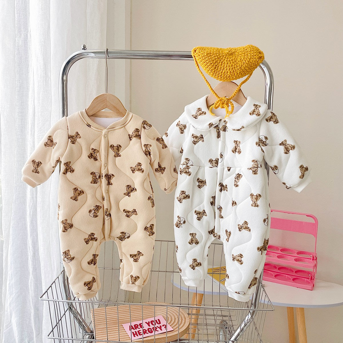 Baby Cartoon Bear Print Pattern Thickened Quilted Winter Rompers