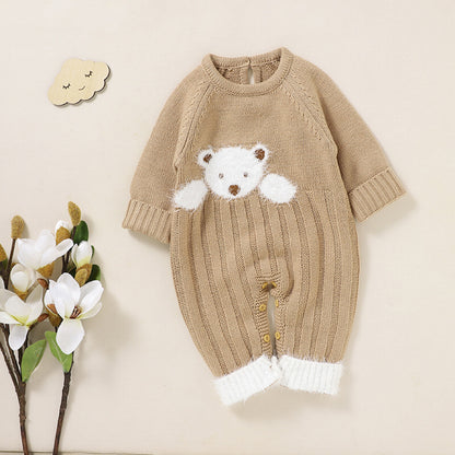 Baby Bear Jacquard Design Long Sleeve Cute Knitted Jumpsuits