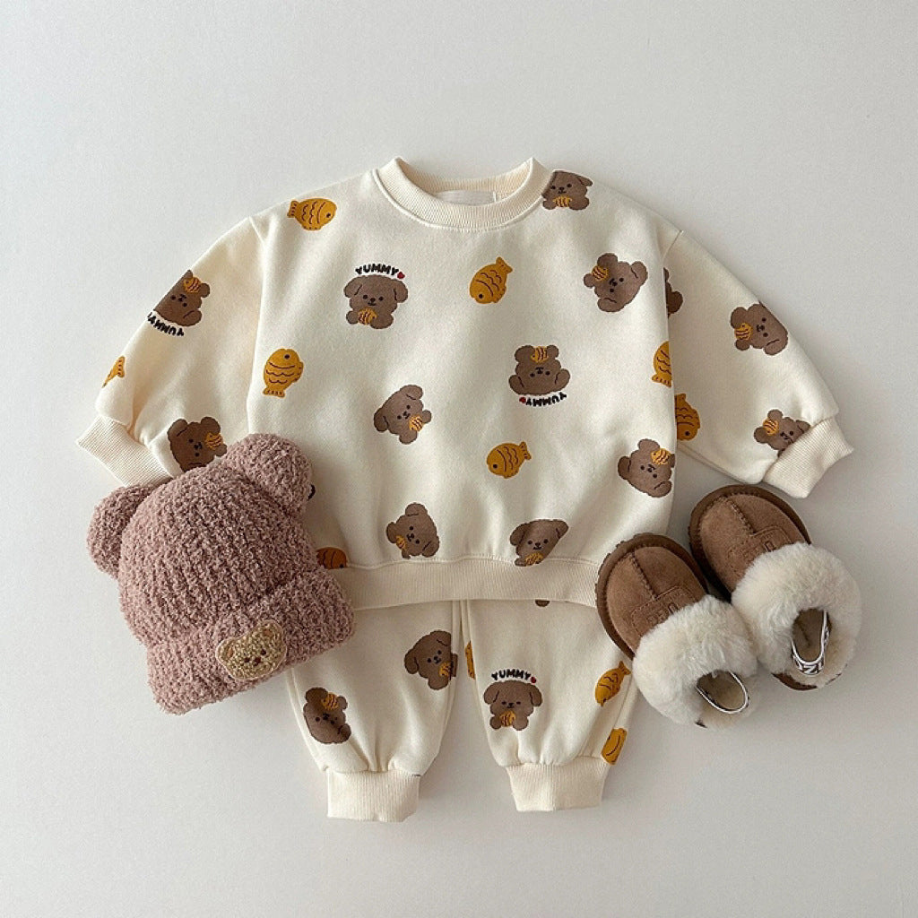 Unisex Baby and Kids Apricot Animals Cartoon Top and Pants 2-Piece Casual Home Clothing Set