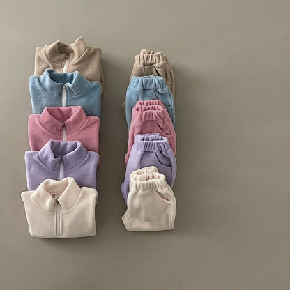 Baby Solid Color Double Sided Fleece Stand Collar Sweater Sets