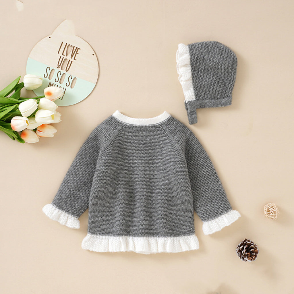 Baby 2pcs Solid Color Lace Design Knitted Cardigan (Hat included)