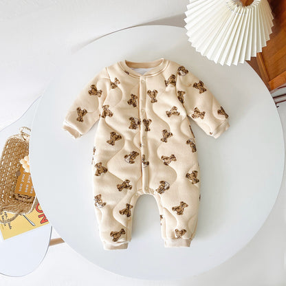 Baby Cartoon Bear Print Pattern Thickened Quilted Winter Rompers