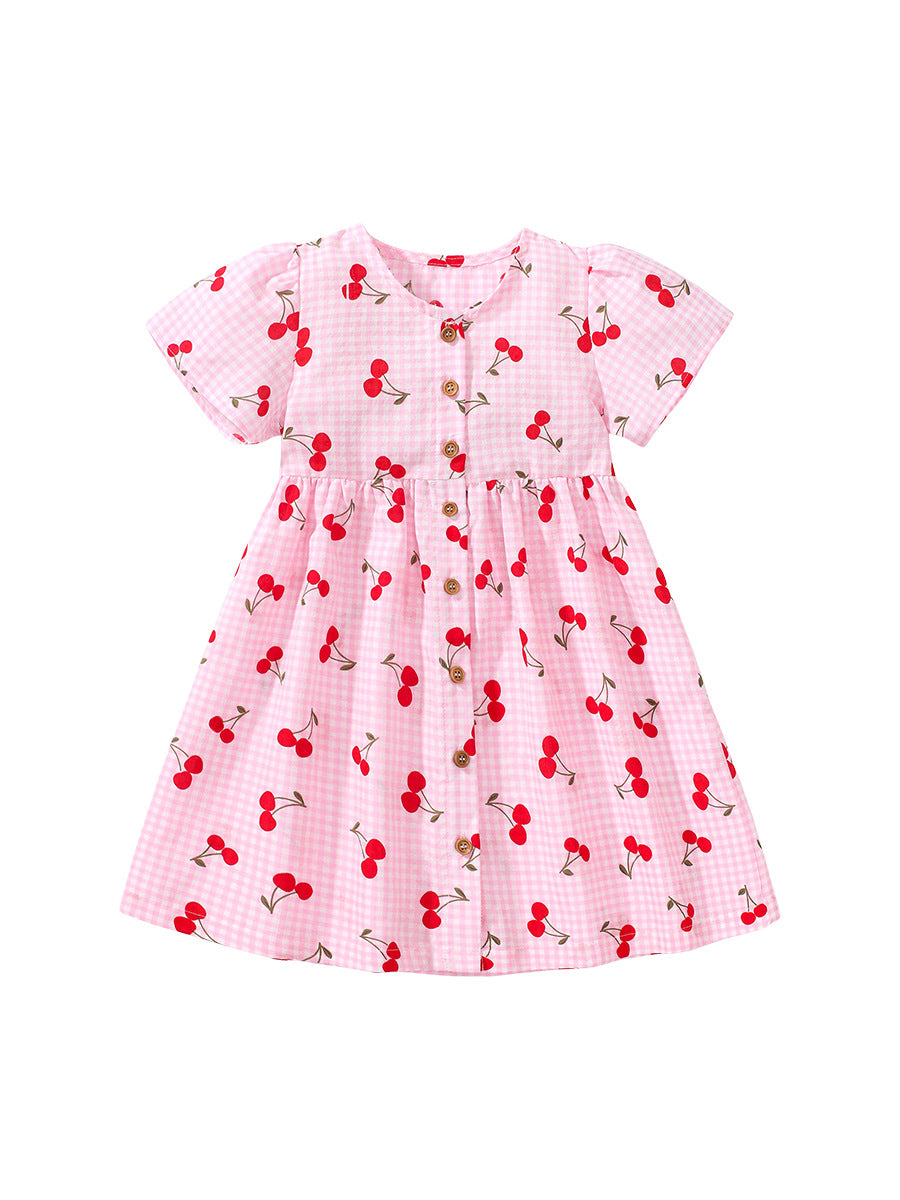 Baby Girls Crew Neck Plaid Cherry Print Short Sleeves Dress