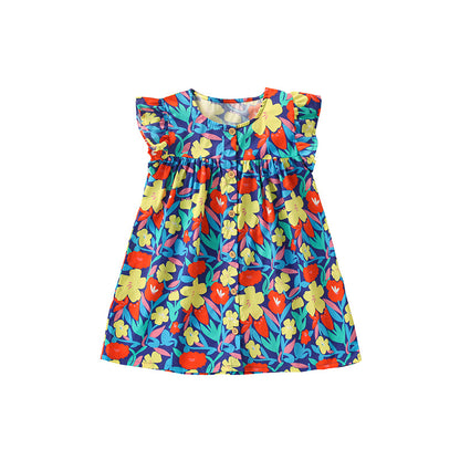 Summer New Design Girls’ Colorful Flowers Pattern Single Breasted Fly Sleeves Dress