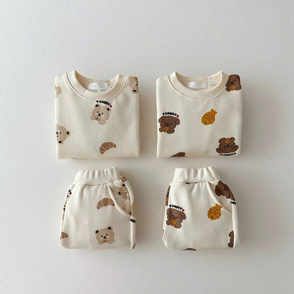 Unisex Baby and Kids Apricot Animals Cartoon Top and Pants 2-Piece Casual Home Clothing Set