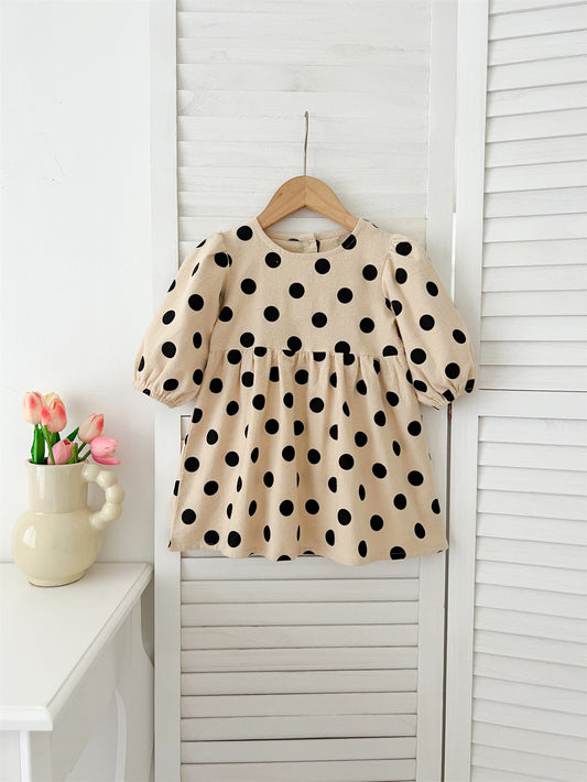 Best Selling Autumn Girls Polka Dots Pattern Crew Neck Long Sleeves Dress