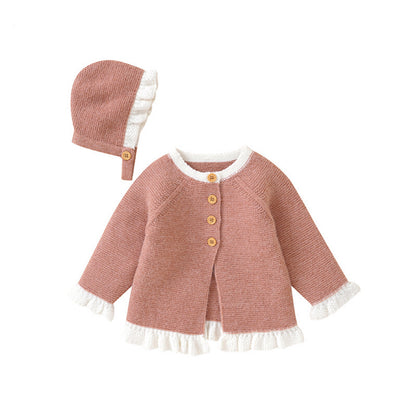 Baby 2pcs Solid Color Lace Design Knitted Cardigan (Hat included)