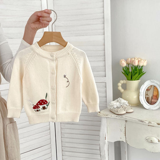 Autumn New Arrival Baby Kids Unisex Comfortable Mushrooms Embroiedery Pattern Knitted Long Sleeves Cardigan