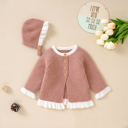 Baby 2pcs Solid Color Lace Design Knitted Cardigan (Hat included)