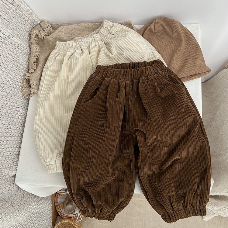 Baby Solid Color Corduroy Fabric Loose Lantern Pants In Autumn