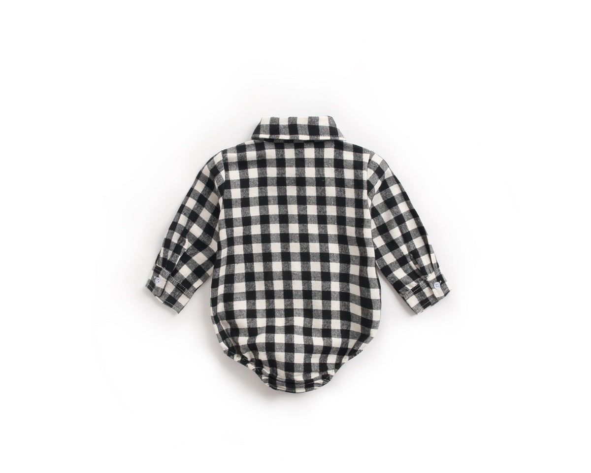 Baby Boy Plaid Pattern Buttoned Shirt With Pockets Long Sleeve Onesies In Autumn