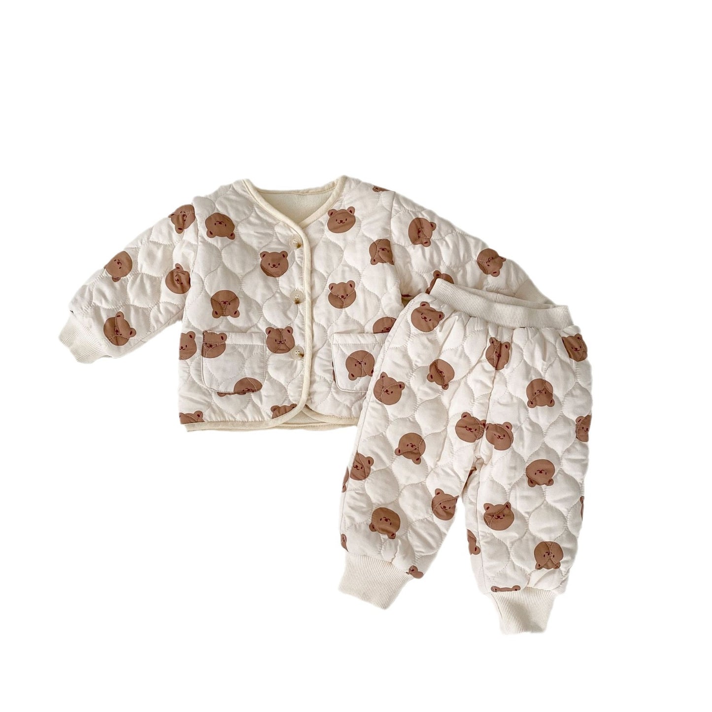 New Winter Baby Unisex Cute Little Bear Head Thick Warm Long Sleeve Top Combo Pant Two Pieces Sets (Hat not included)