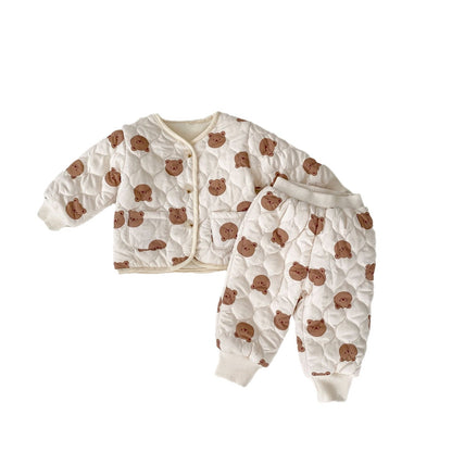 New Winter Baby Unisex Cute Little Bear Head Thick Warm Long Sleeve Top Combo Pant Two Pieces Sets (Hat not included)